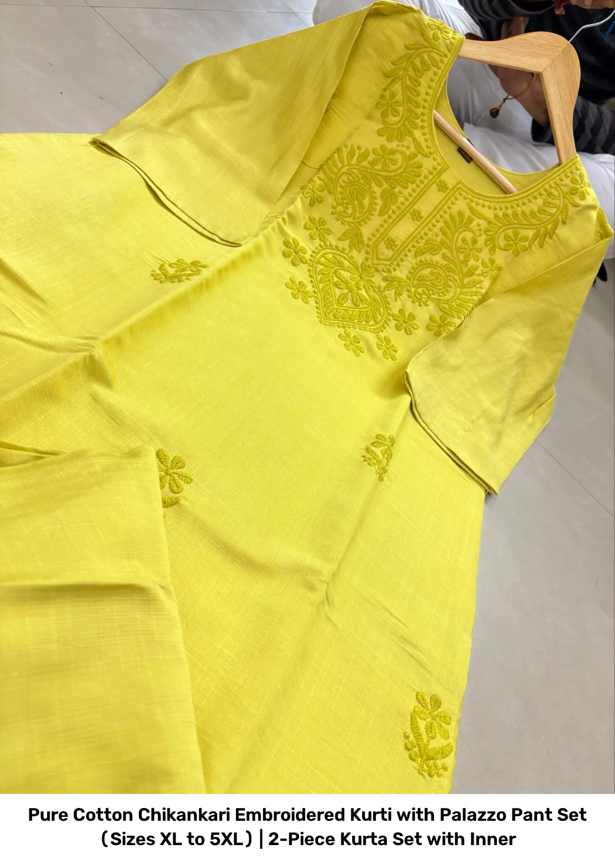 Pure Cotton Chikankari Embroidered Kurti with Palazzo Pant Set (Sizes XL to 5XL) | 2-Piece Kurta Set with Inner 4
