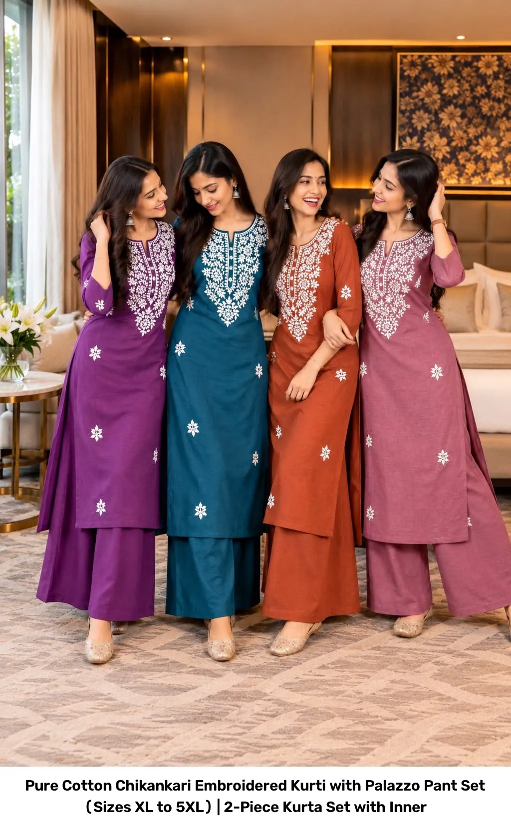 Pure Cotton Chikankari Embroidered Kurti with Palazzo Pant Set (Sizes XL to 5XL) | 2-Piece Kurta Set with Inner 7
