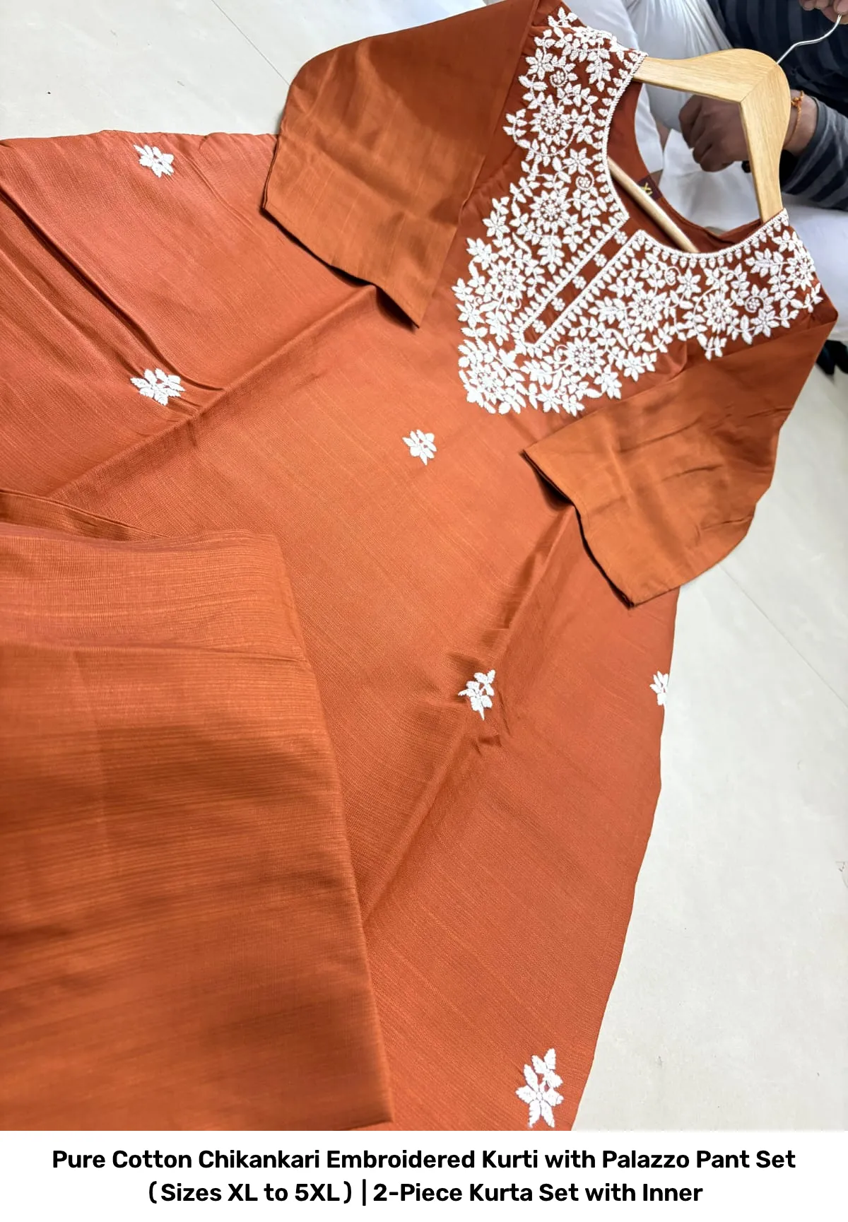 Pure Cotton Chikankari Embroidered Kurti with Palazzo Pant Set (Sizes XL to 5XL) | 2-Piece Kurta Set with Inner 8