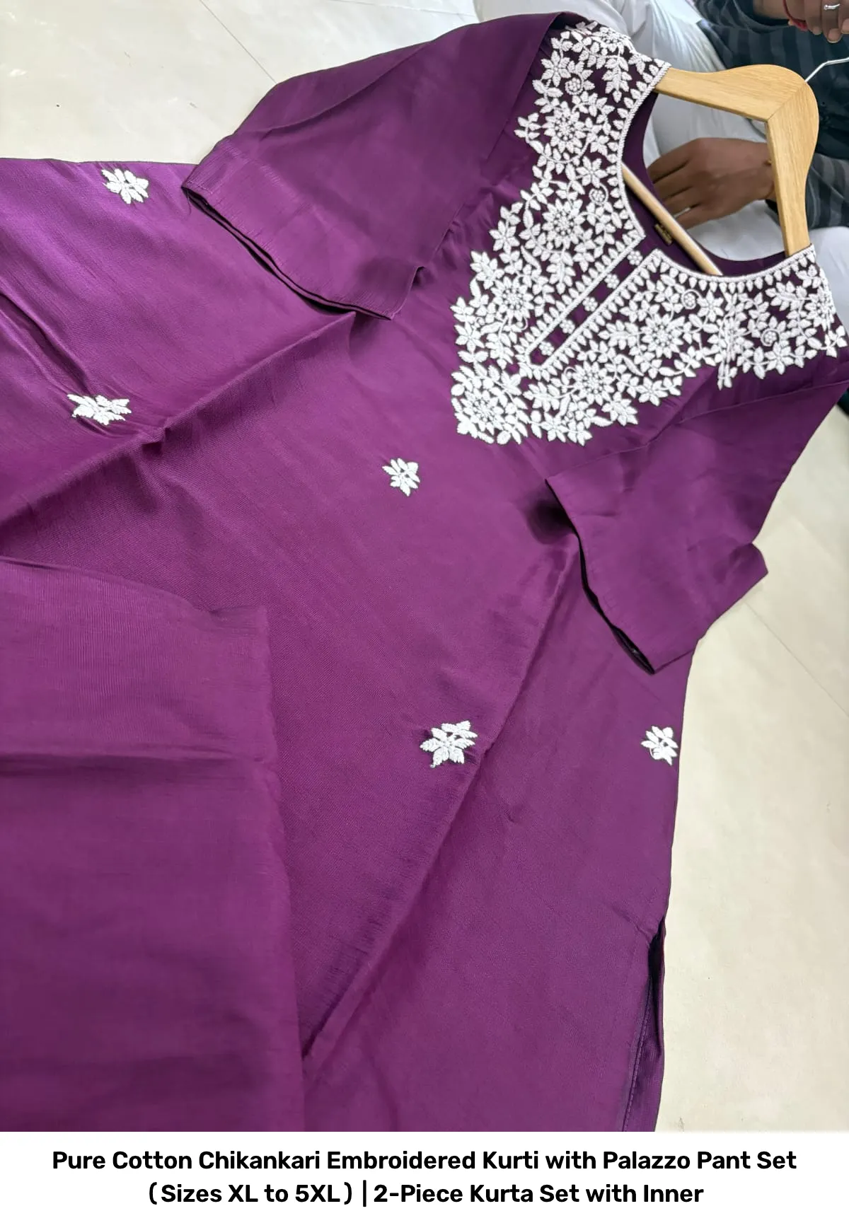 Pure Cotton Chikankari Embroidered Kurti with Palazzo Pant Set (Sizes XL to 5XL) | 2-Piece Kurta Set with Inner 9
