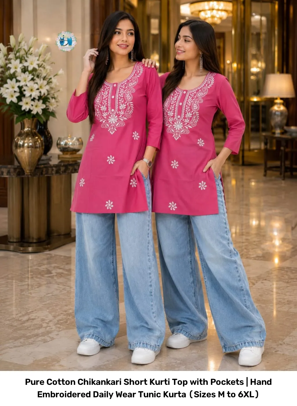 Pure Cotton Chikankari Short Kurti Top with Pockets | Hand Embroidered Daily Wear Tunic Kurta (Sizes M to 6XL) 3