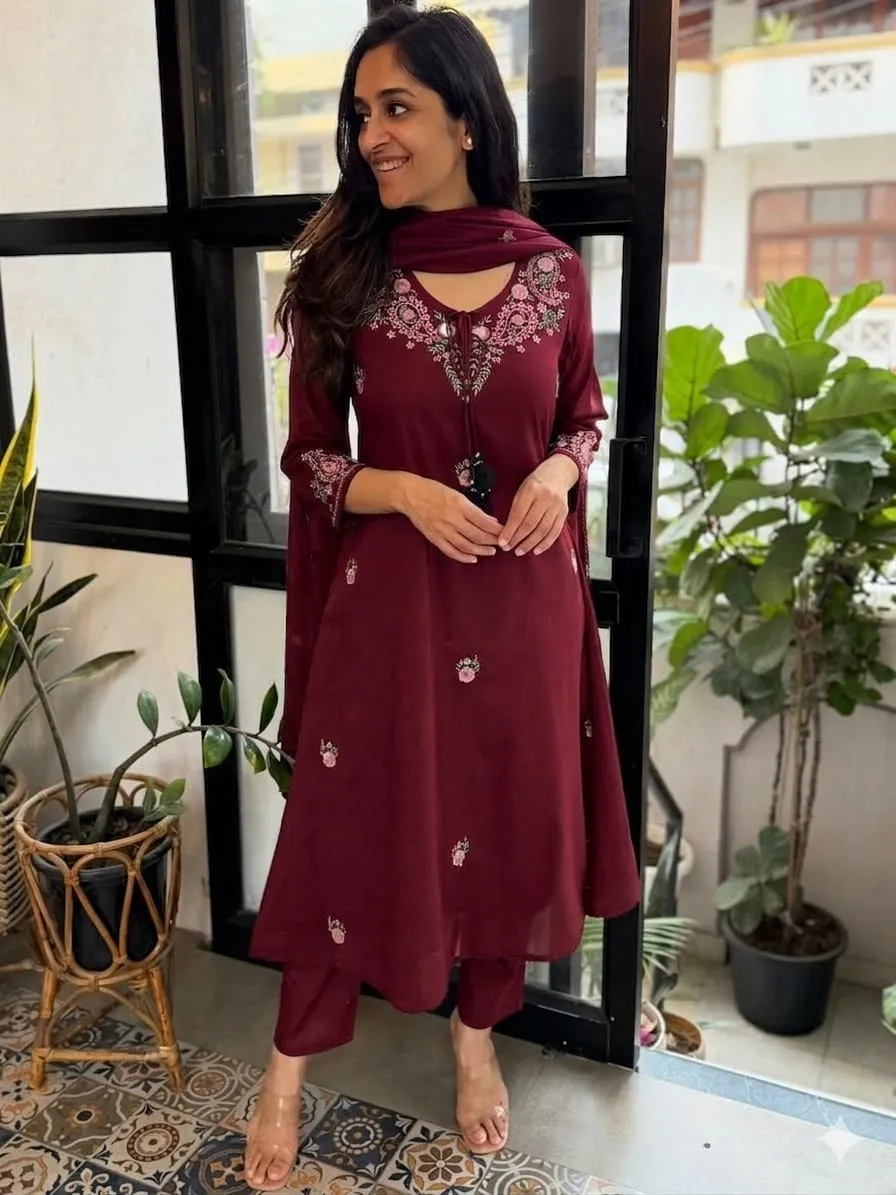 Pure Cotton Embroidered A-Line Kurta Pant Dupatta Set (M–3XL)