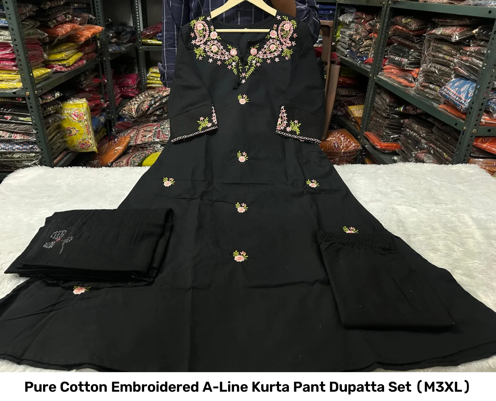 Pure Cotton Embroidered A-Line Kurta Pant Dupatta Set (M–3XL) 3