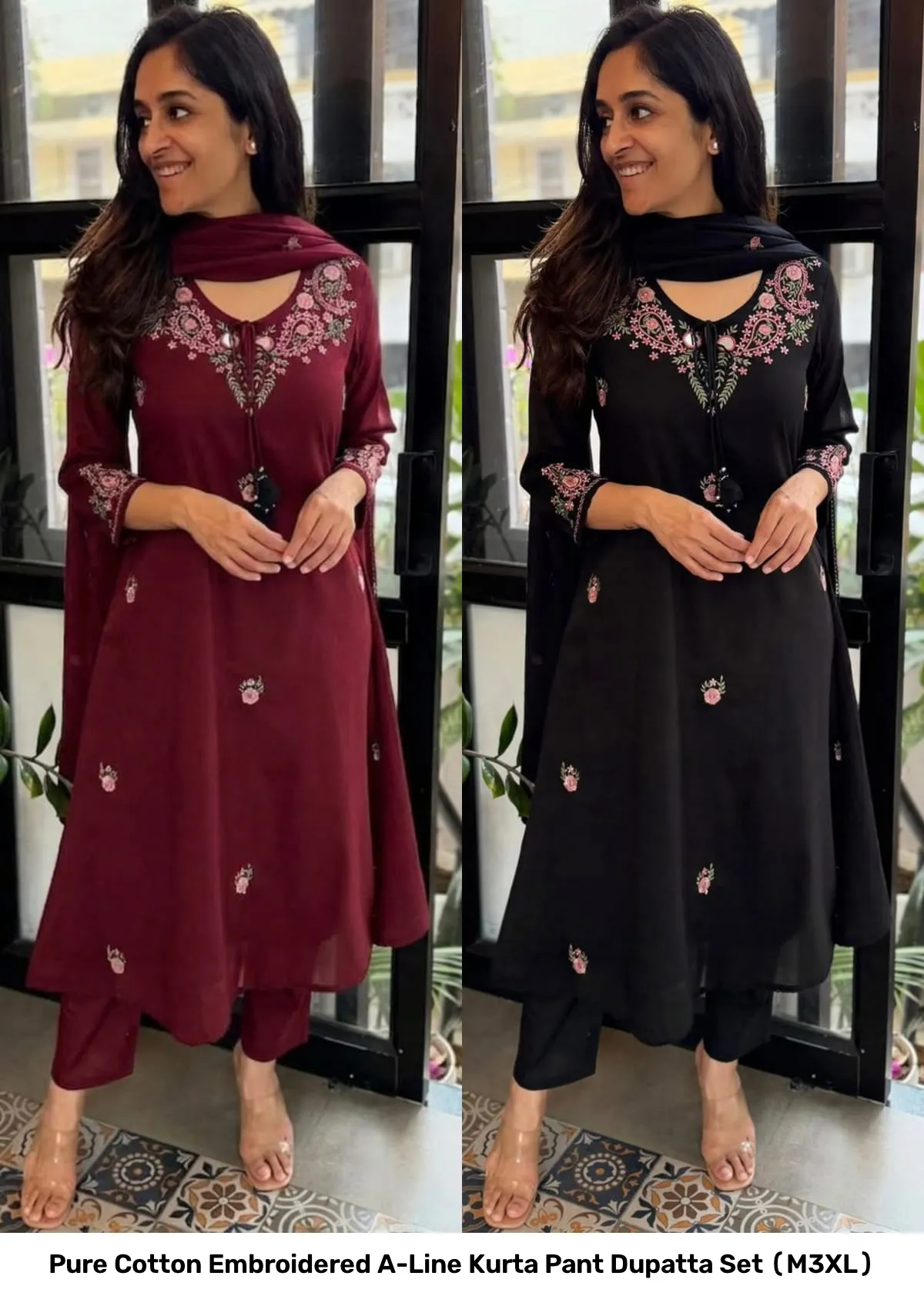 Pure Cotton Embroidered A-Line Kurta Pant Dupatta Set (M–3XL) 4