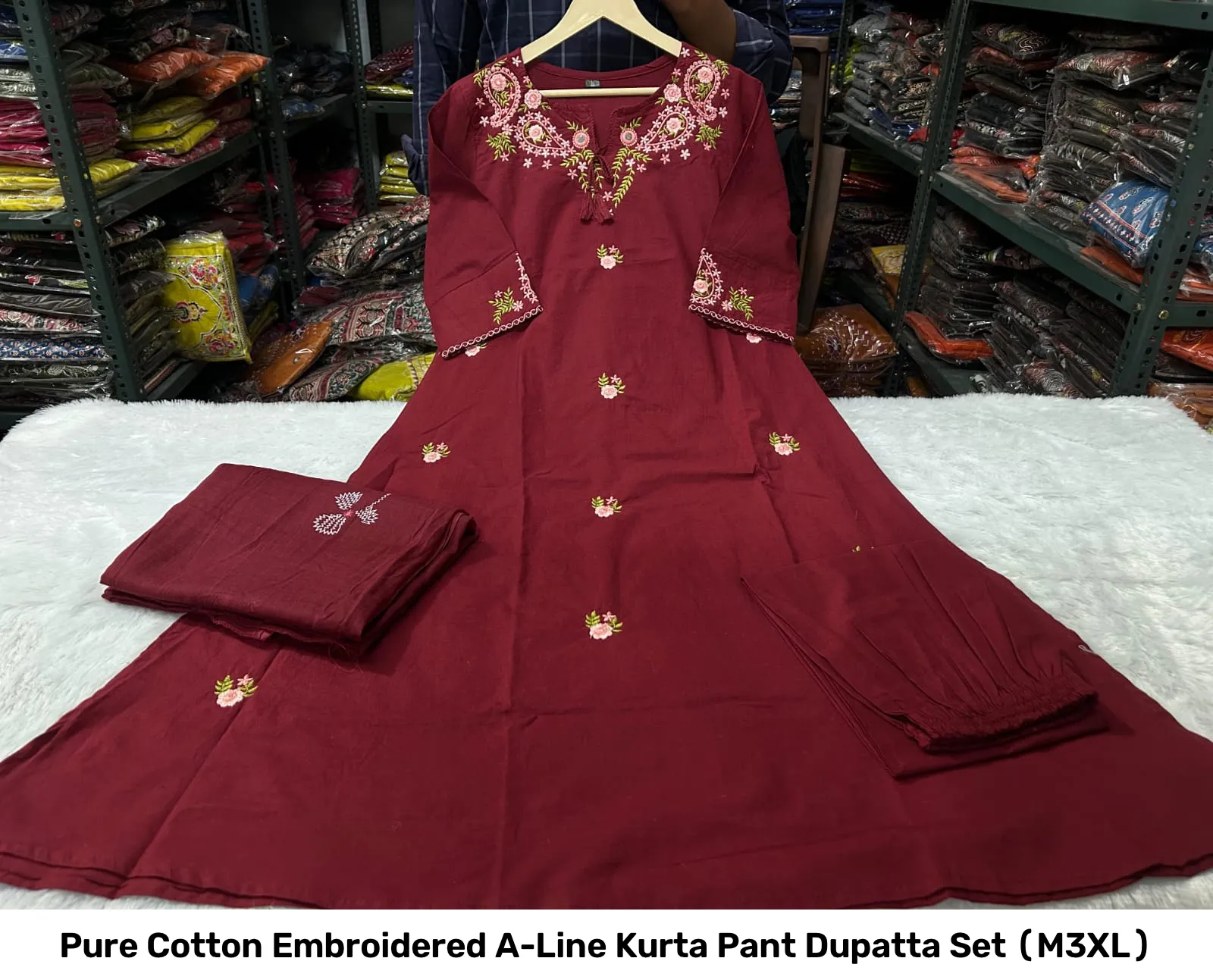 Pure Cotton Embroidered A-Line Kurta Pant Dupatta Set (M–3XL) 5