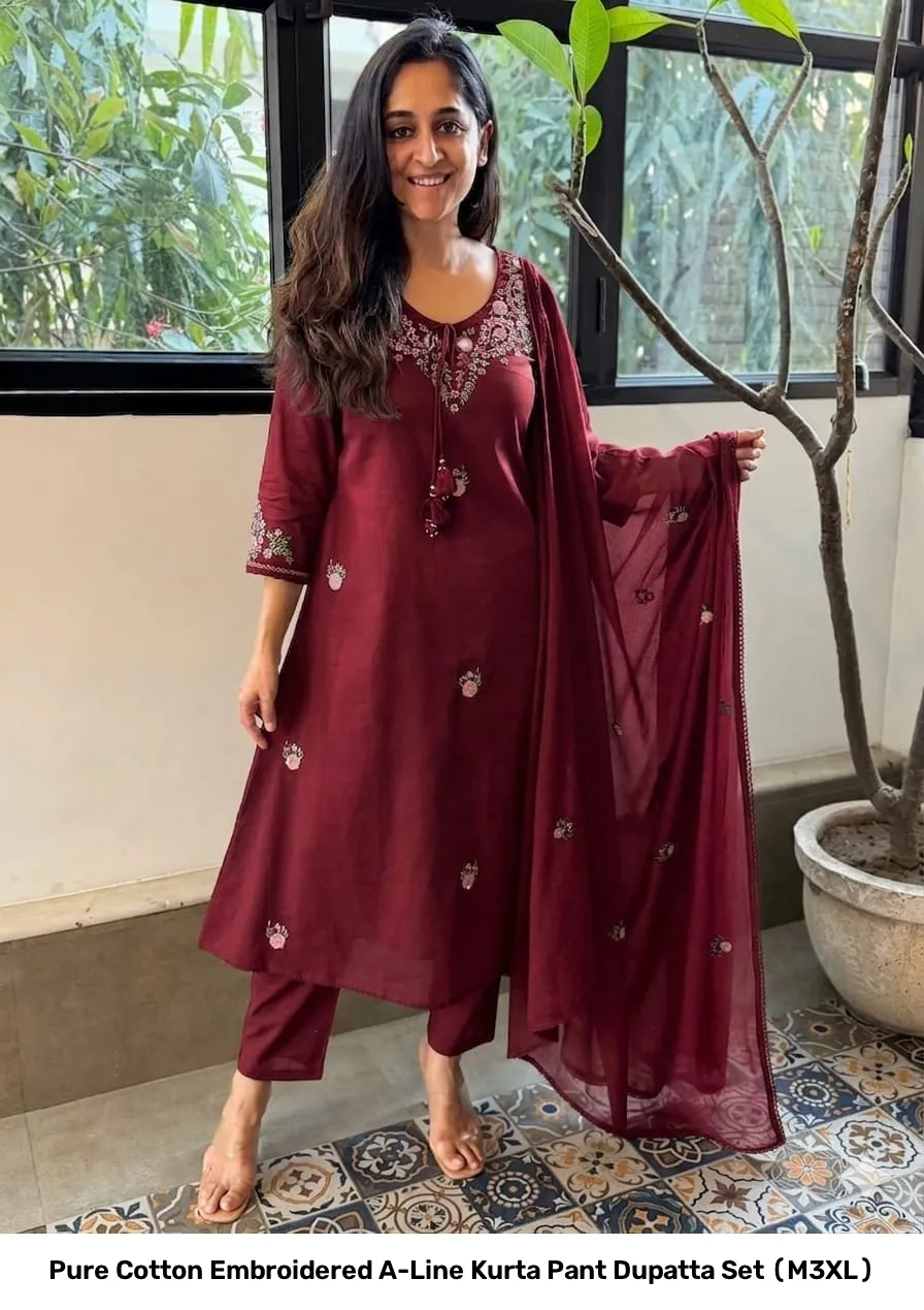 Pure Cotton Embroidered A-Line Kurta Pant Dupatta Set (M–3XL) 8