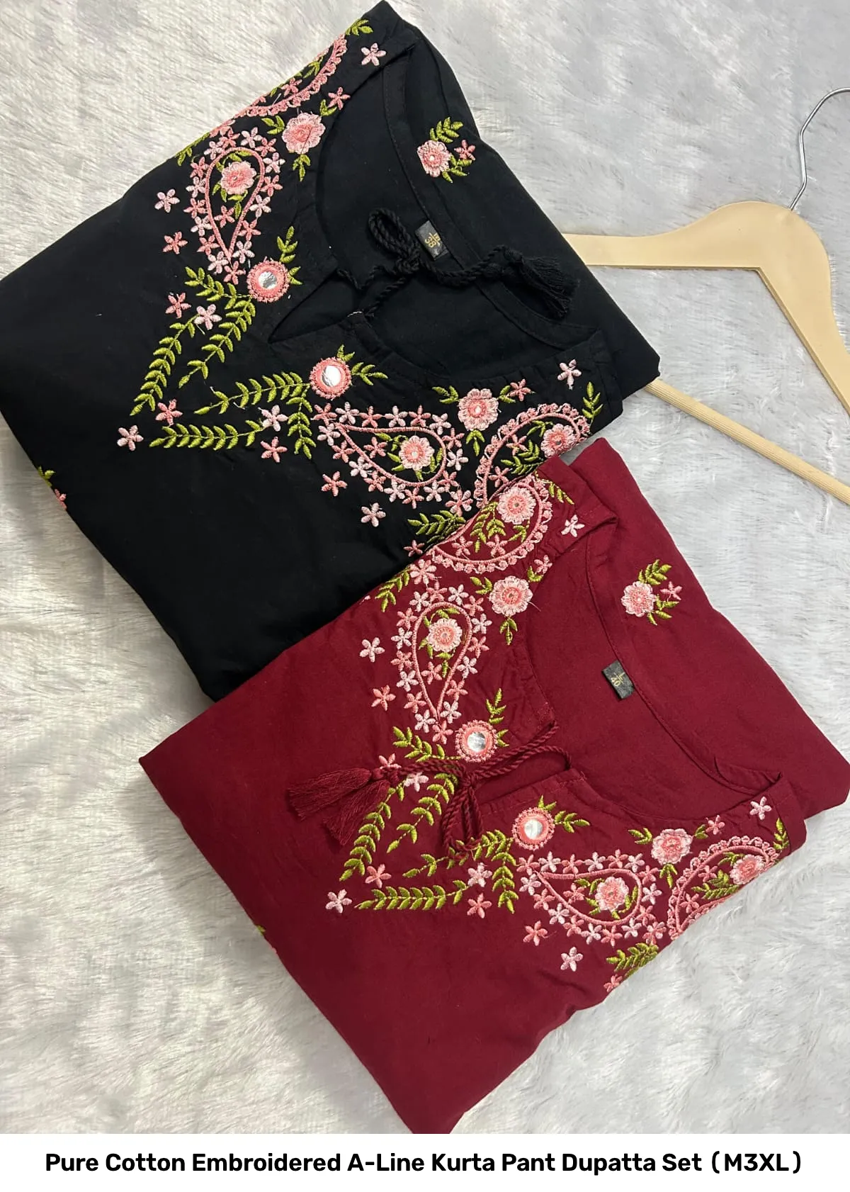 Pure Cotton Embroidered A-Line Kurta Pant Dupatta Set (M–3XL) 9