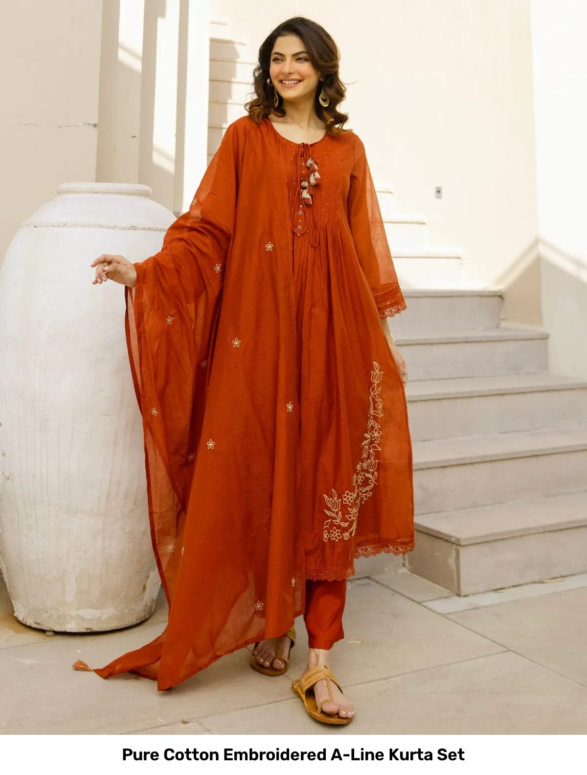 Pure Cotton Embroidered A-Line Kurta Set 11