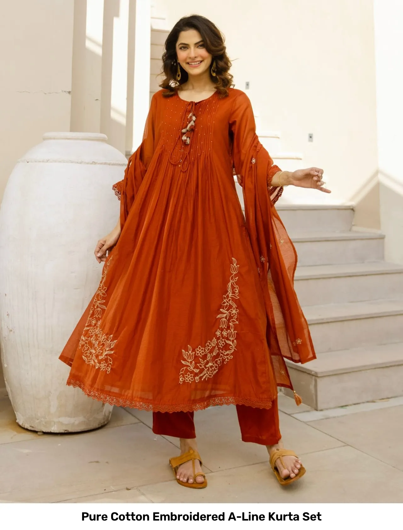 Pure Cotton Embroidered A-Line Kurta Set 12