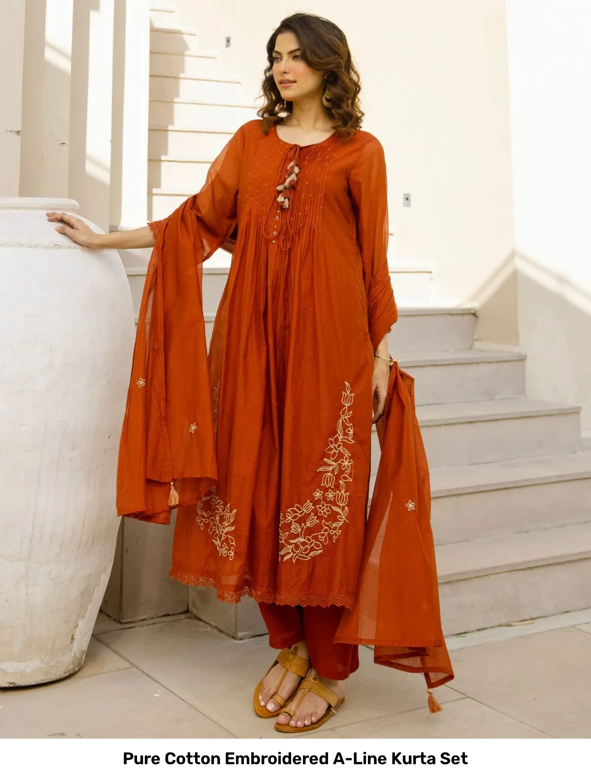 Pure Cotton Embroidered A-Line Kurta Set 14