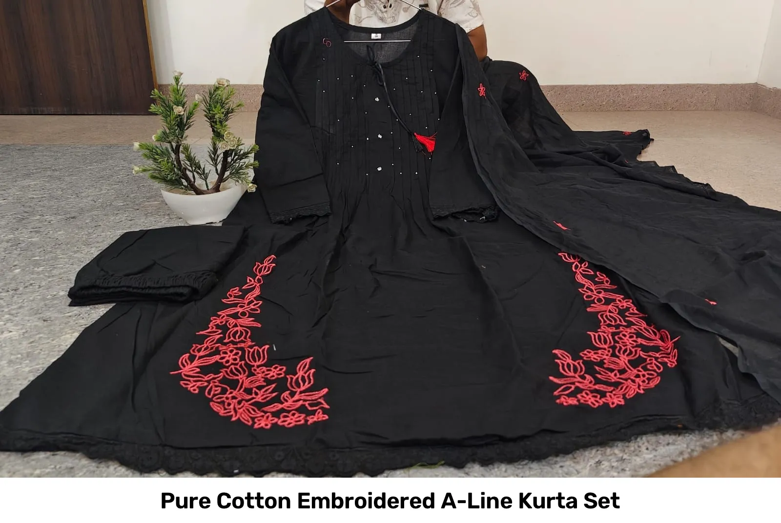 Pure Cotton Embroidered A-Line Kurta Set 15
