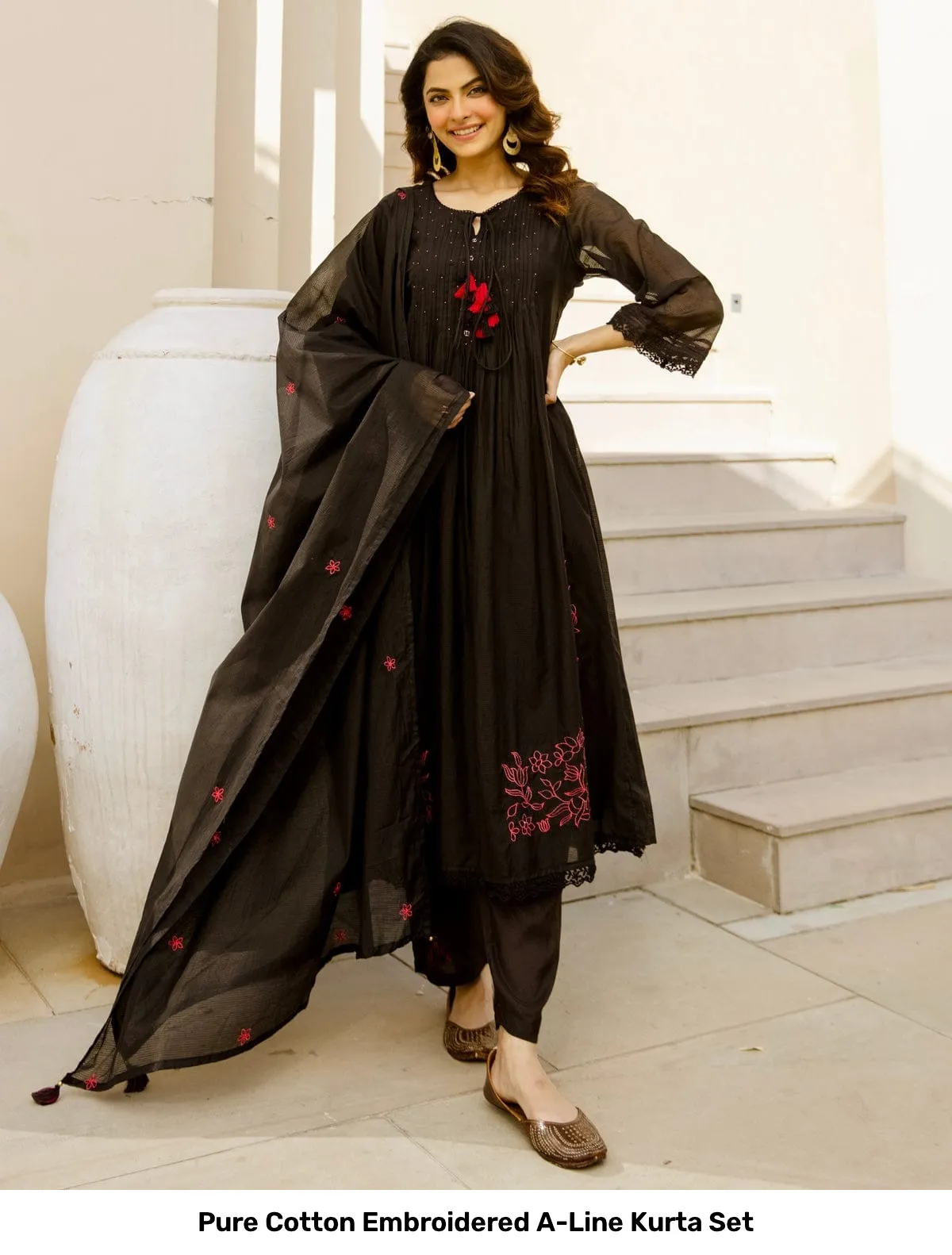 Pure Cotton Embroidered A-Line Kurta Set 16