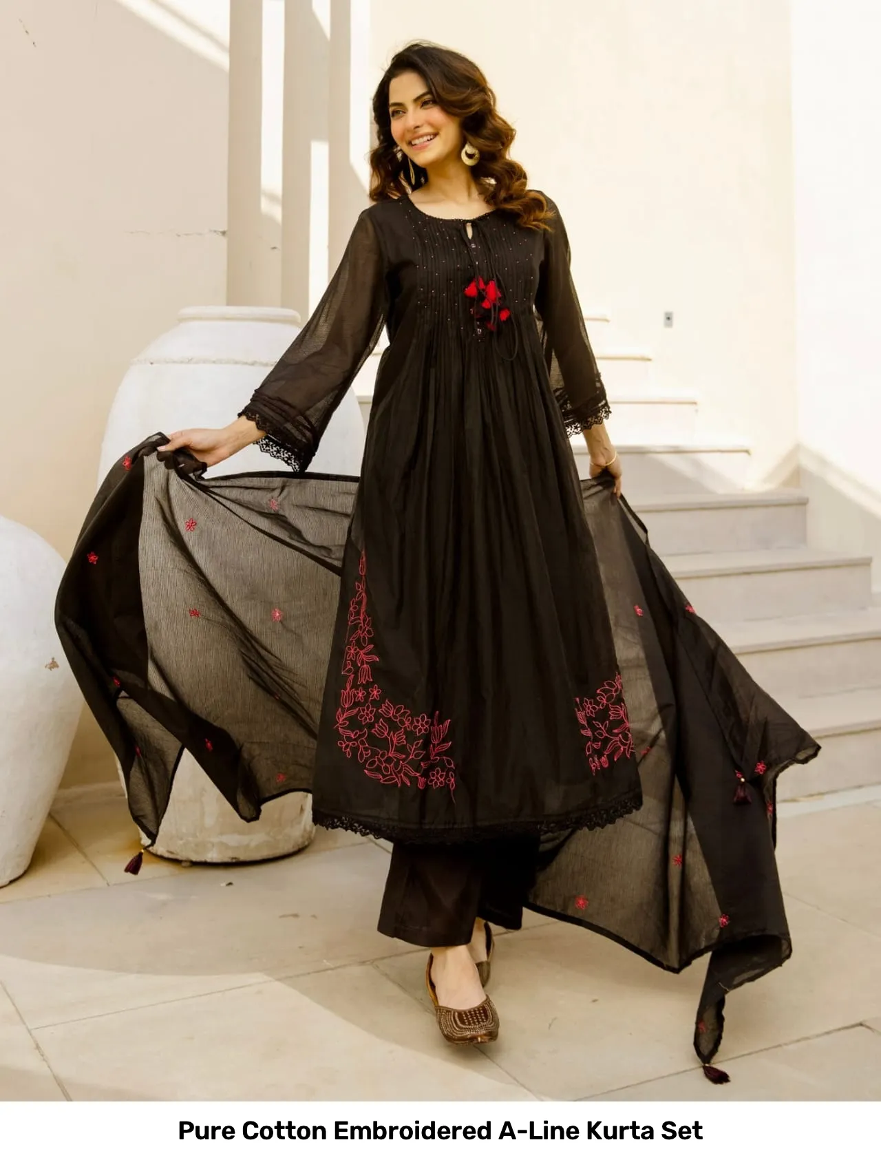 Pure Cotton Embroidered A-Line Kurta Set 5