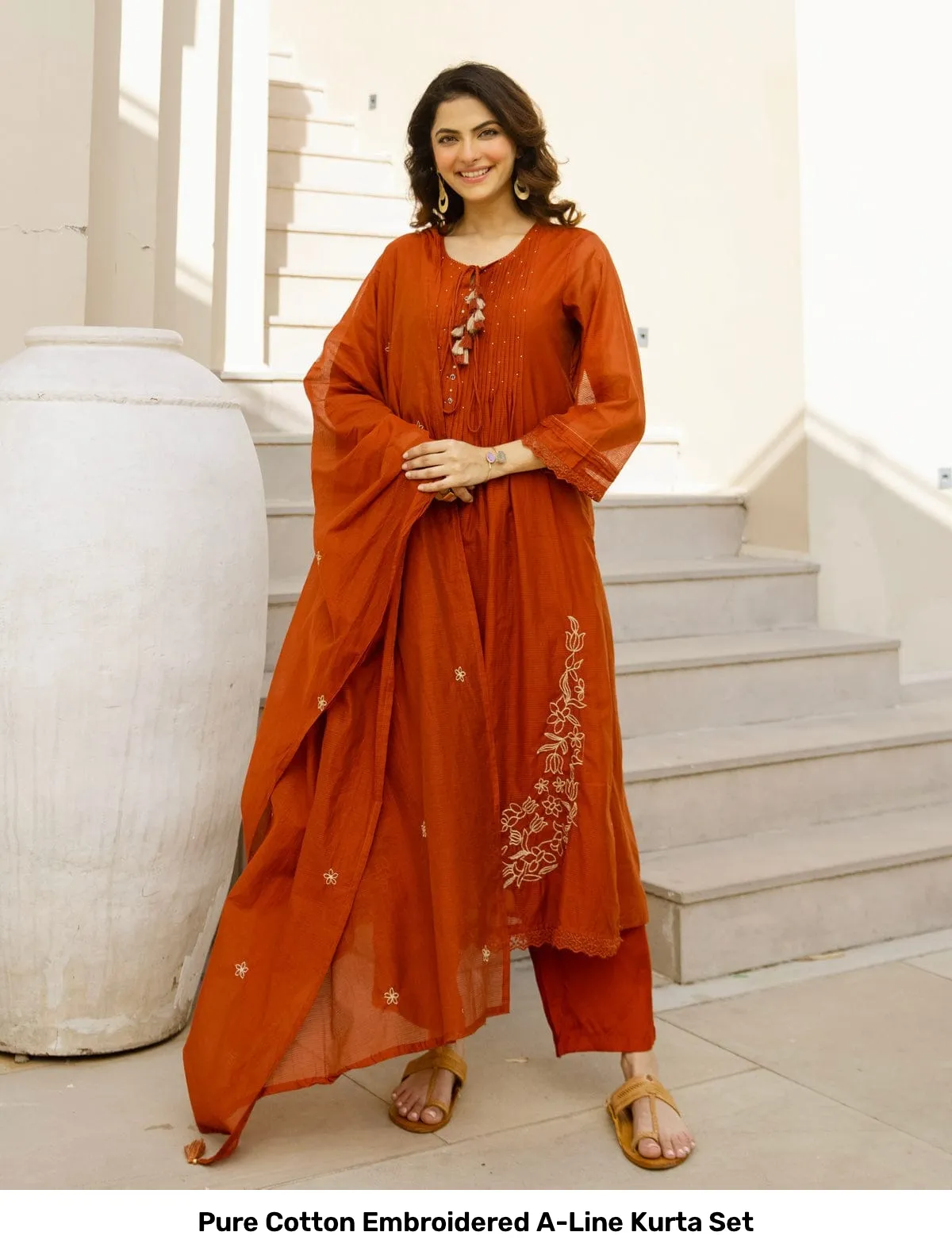 Pure Cotton Embroidered A-Line Kurta Set 8