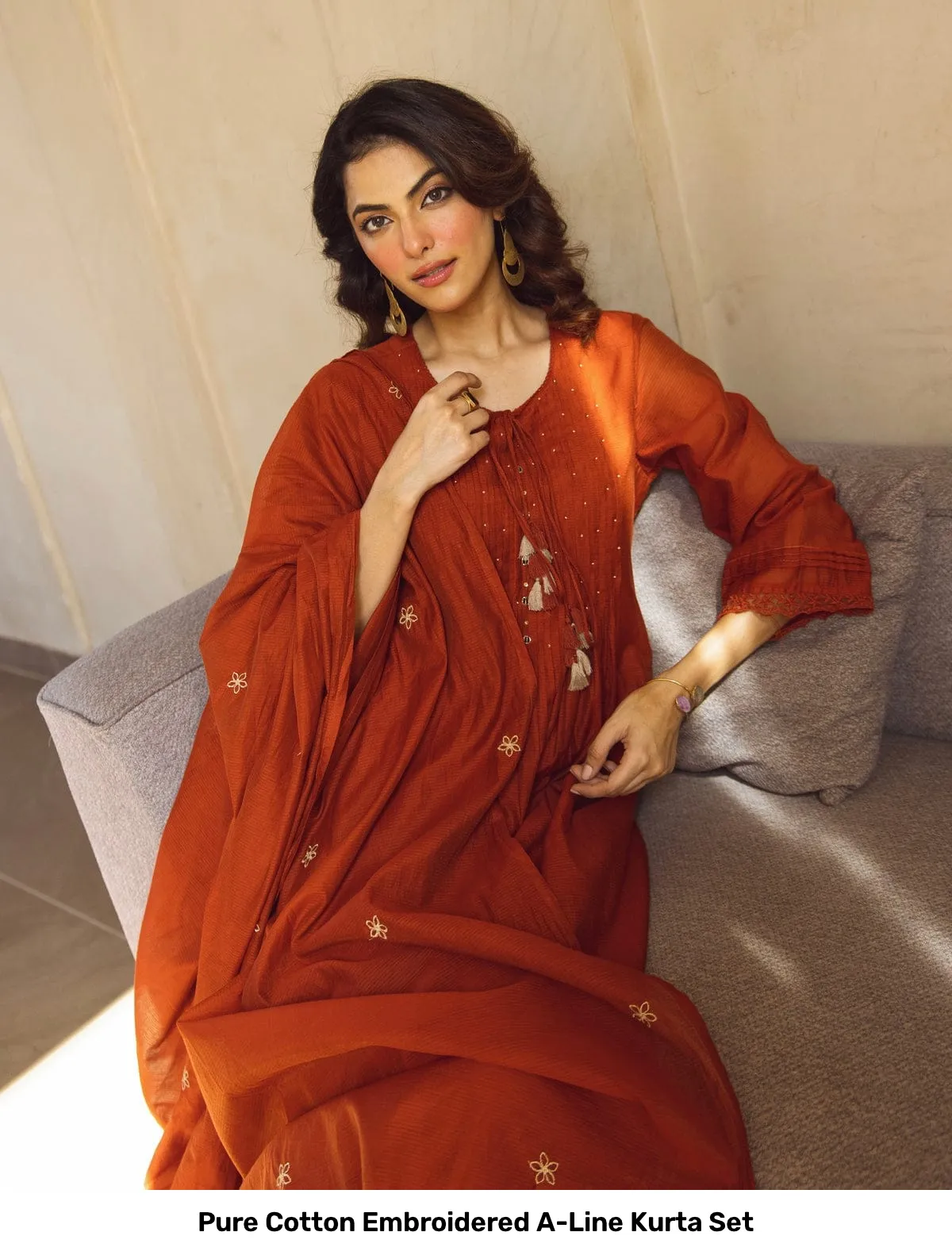 Pure Cotton Embroidered A-Line Kurta Set 9