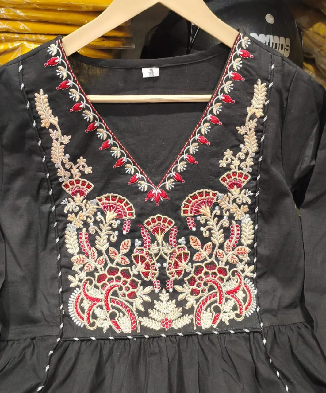 Pure Cotton Embroidered A-Line Kurti Pant Set with Malmal Dupatta (Rust & Black)