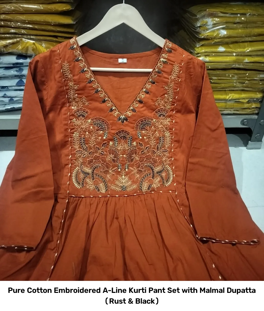 Pure Cotton Embroidered A-Line Kurti Pant Set with Malmal Dupatta (Rust & Black) 10