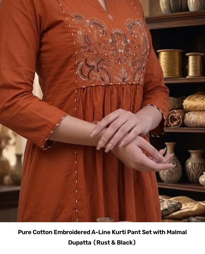 Pure Cotton Embroidered A-Line Kurti Pant Set with Malmal Dupatta (Rust & Black) 11