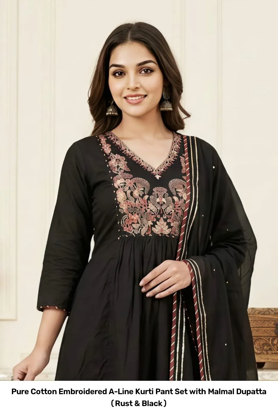 Pure Cotton Embroidered A-Line Kurti Pant Set with Malmal Dupatta (Rust & Black) 12