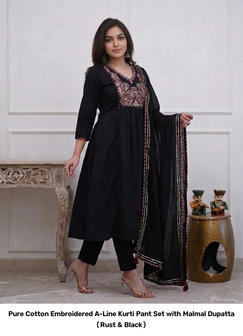 Pure Cotton Embroidered A-Line Kurti Pant Set with Malmal Dupatta (Rust & Black) 15