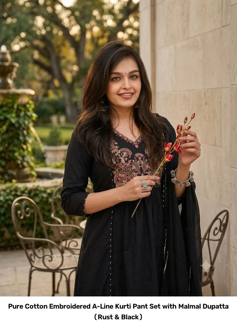 Pure Cotton Embroidered A-Line Kurti Pant Set with Malmal Dupatta (Rust & Black) 2