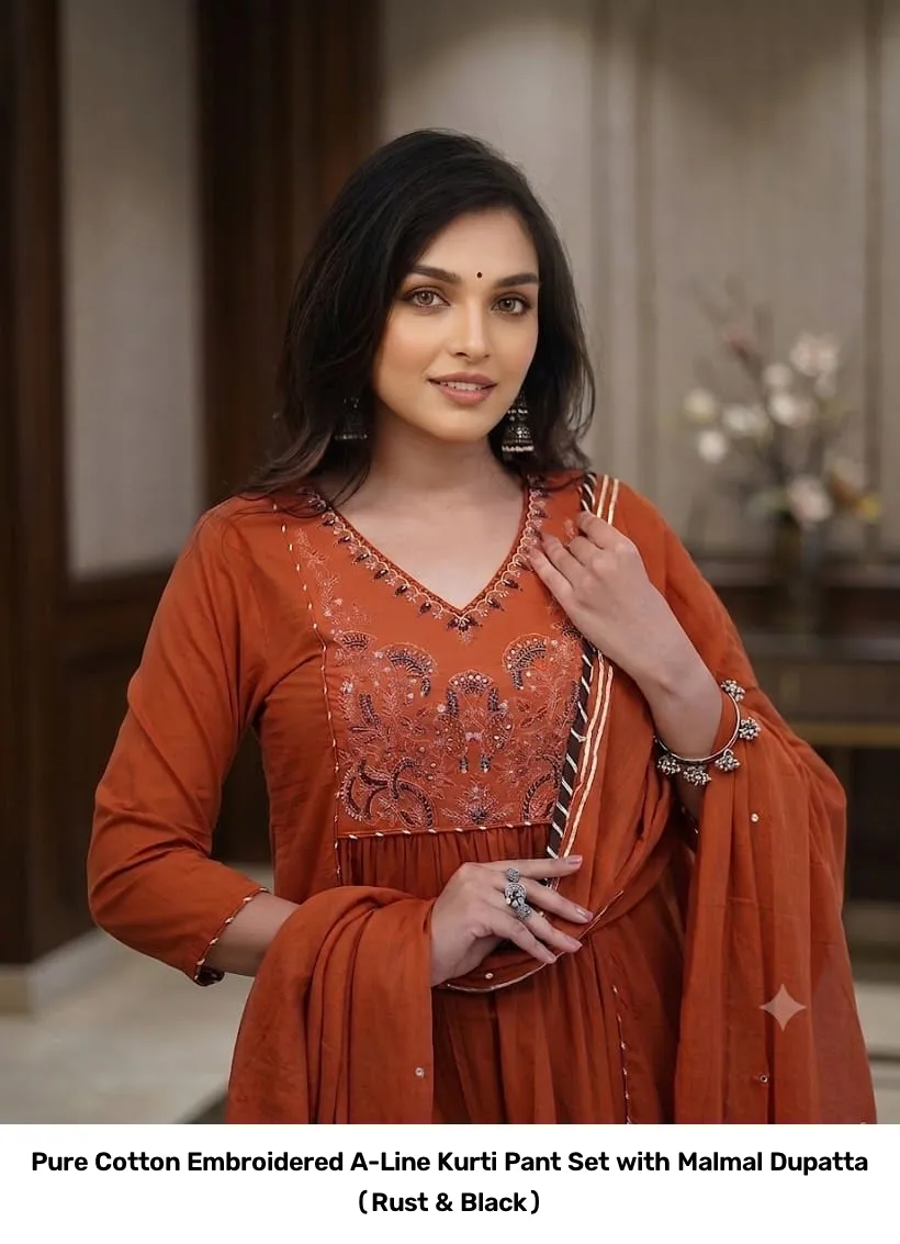 Pure Cotton Embroidered A-Line Kurti Pant Set with Malmal Dupatta (Rust & Black) 3