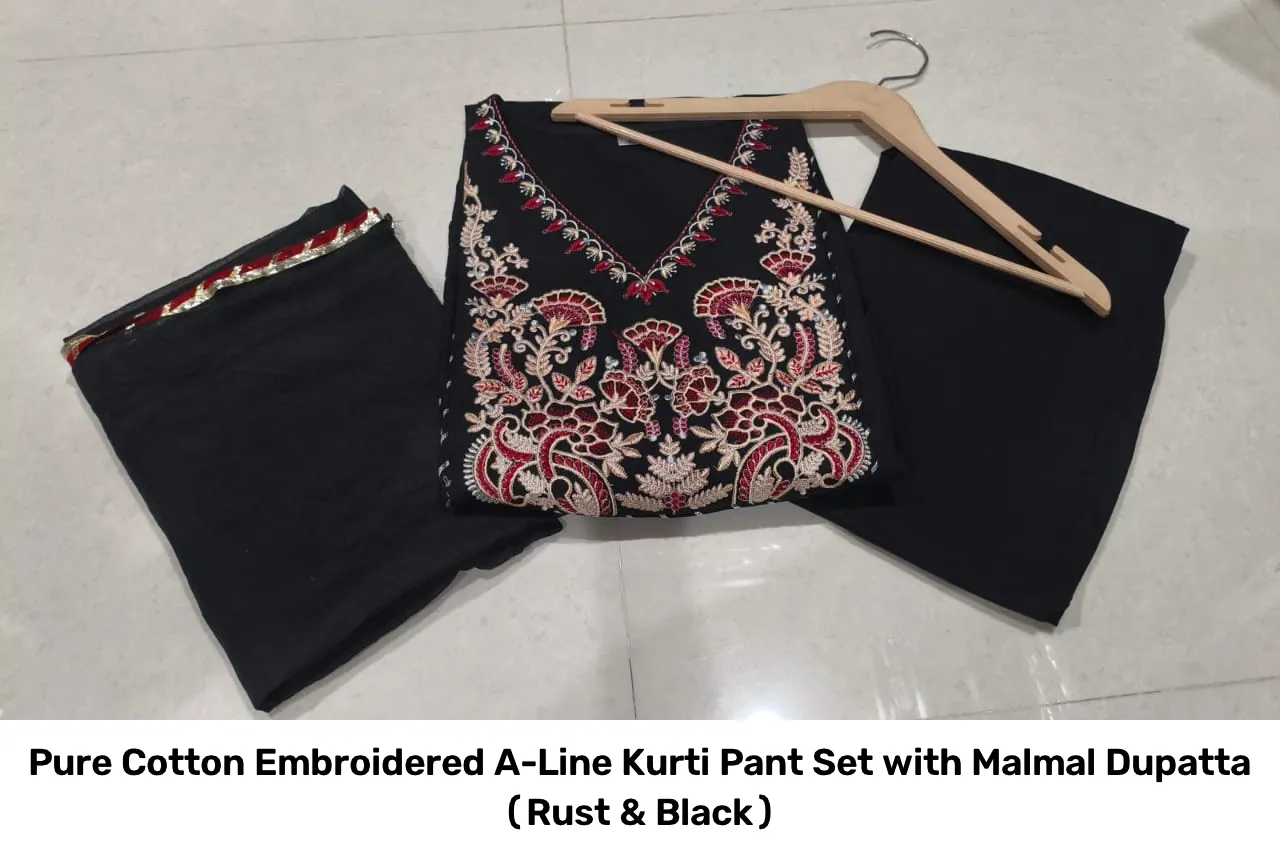 Pure Cotton Embroidered A-Line Kurti Pant Set with Malmal Dupatta (Rust & Black) 4