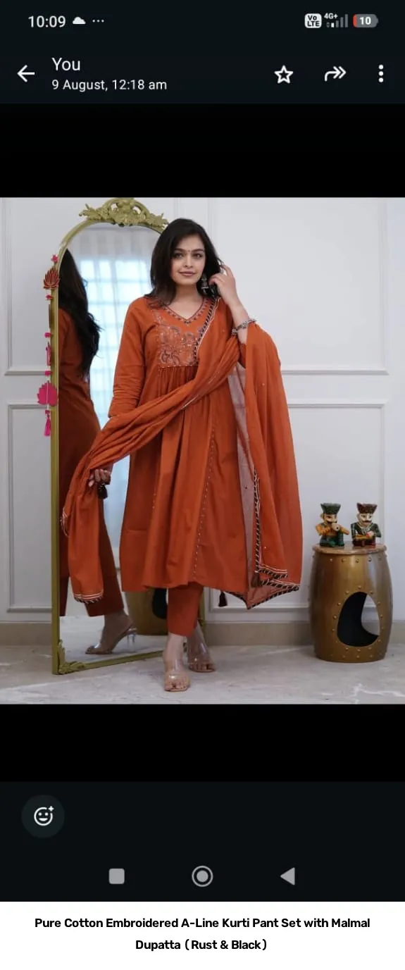Pure Cotton Embroidered A-Line Kurti Pant Set with Malmal Dupatta (Rust & Black) 5