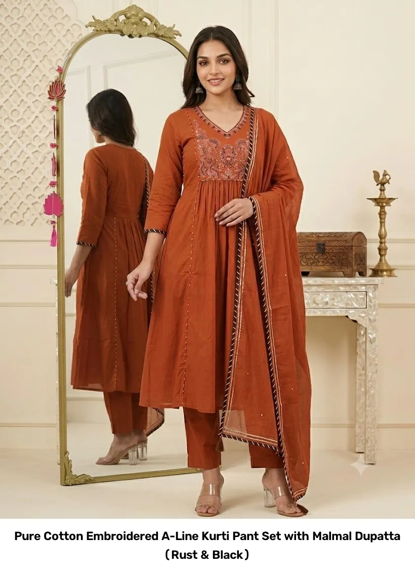 Pure Cotton Embroidered A-Line Kurti Pant Set with Malmal Dupatta (Rust & Black) 6