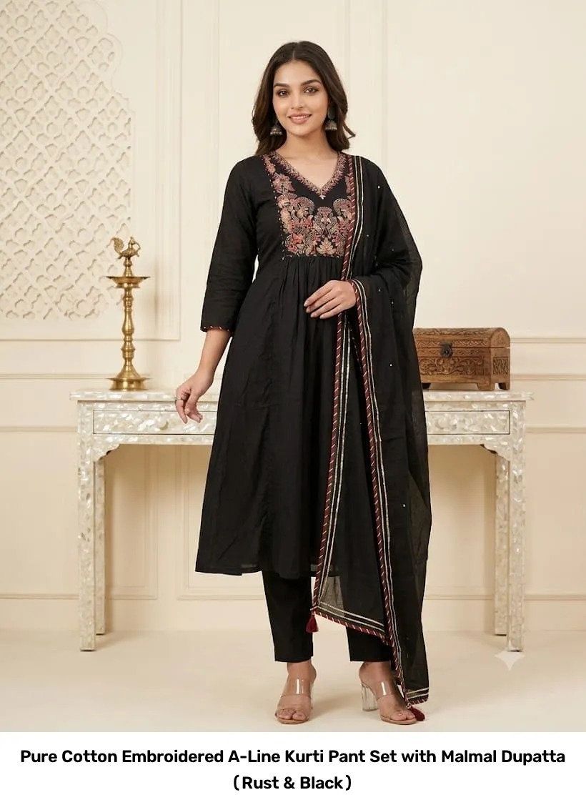 Pure Cotton Embroidered A-Line Kurti Pant Set with Malmal Dupatta (Rust & Black) 7