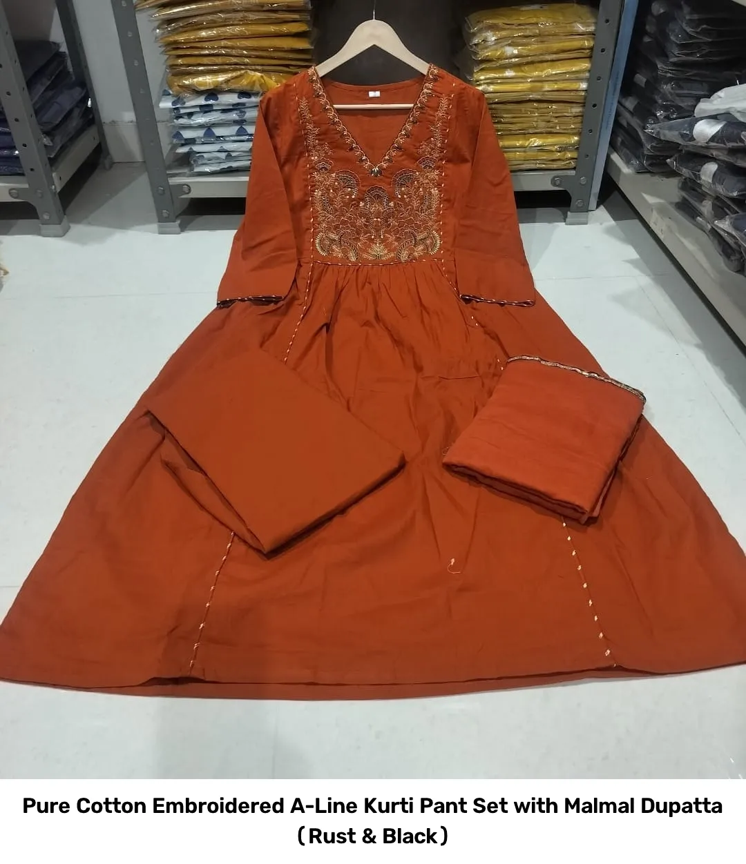 Pure Cotton Embroidered A-Line Kurti Pant Set with Malmal Dupatta (Rust & Black) 8