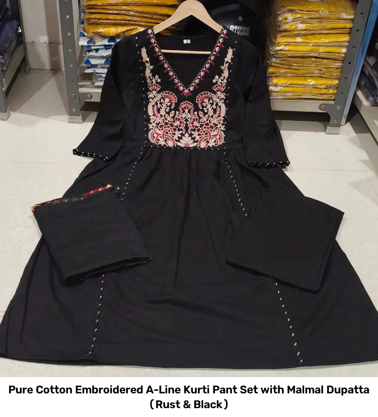 Pure Cotton Embroidered A-Line Kurti Pant Set with Malmal Dupatta (Rust & Black) 9