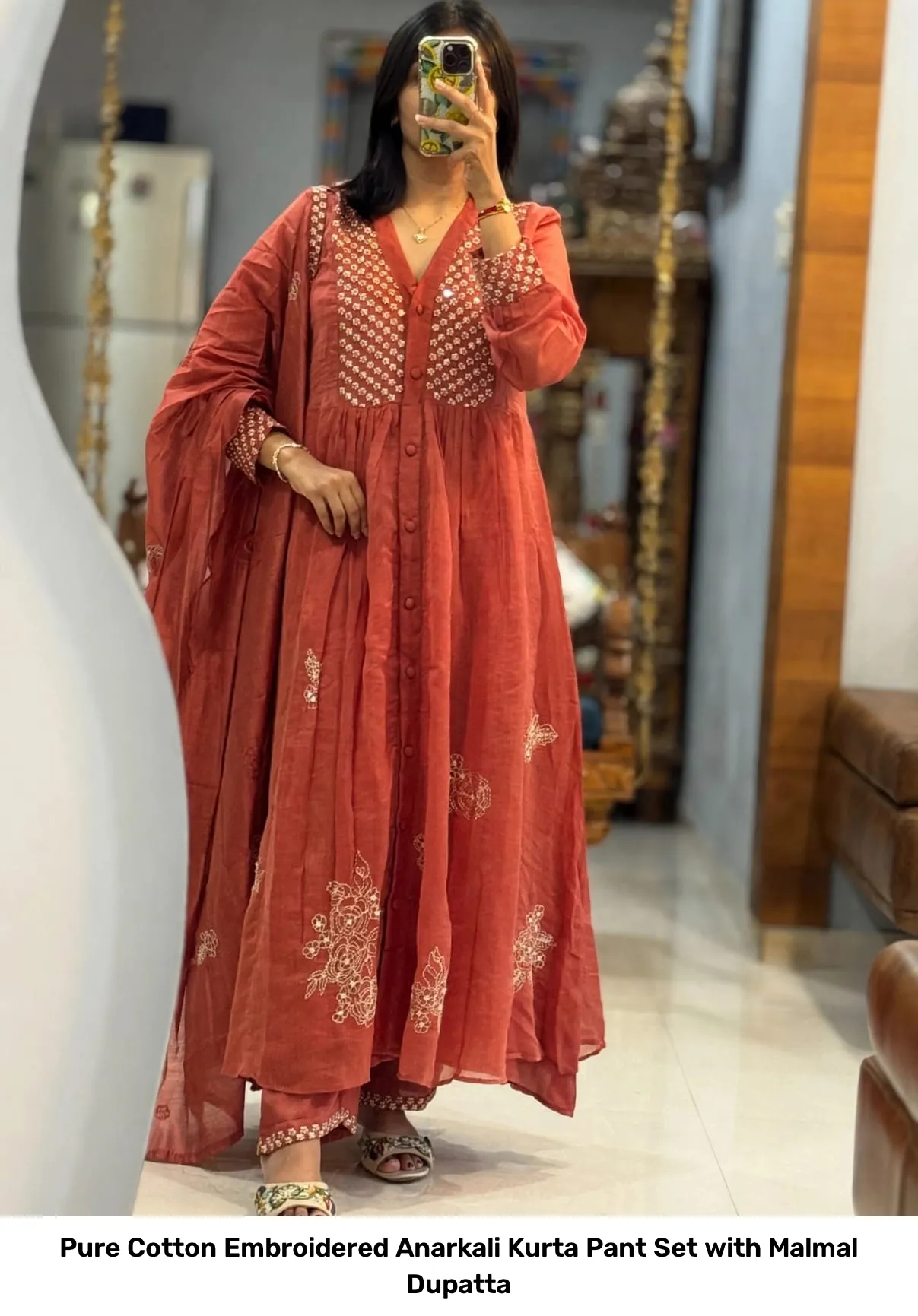 Pure Cotton Embroidered Anarkali Kurta Pant Set with Malmal Dupatta 2