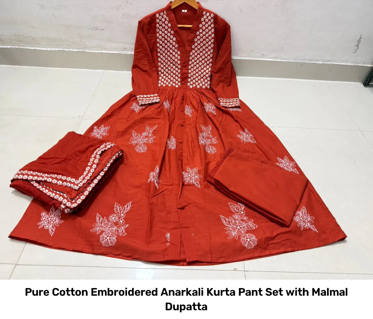 Pure Cotton Embroidered Anarkali Kurta Pant Set with Malmal Dupatta 3