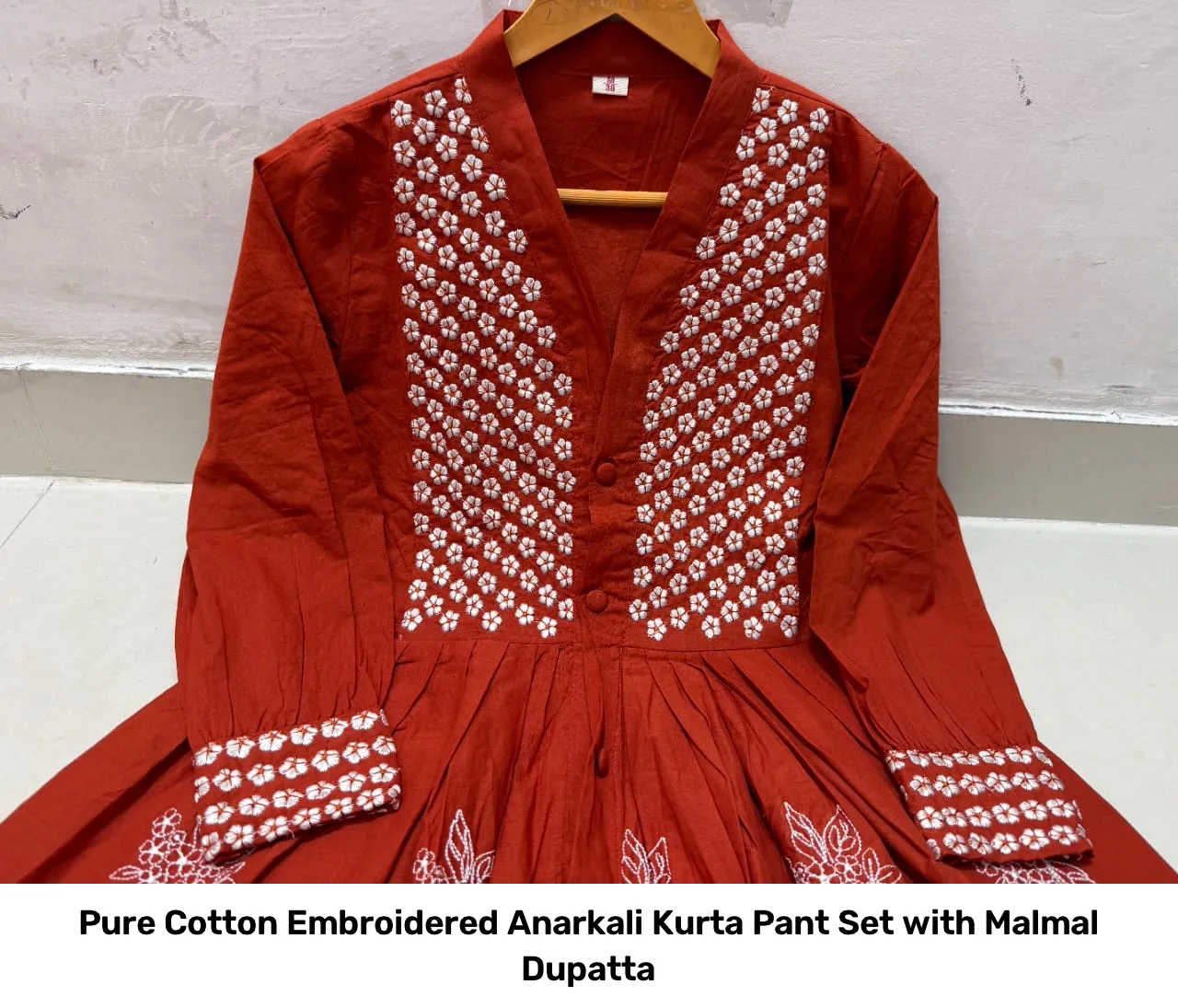 Pure Cotton Embroidered Anarkali Kurta Pant Set with Malmal Dupatta 4