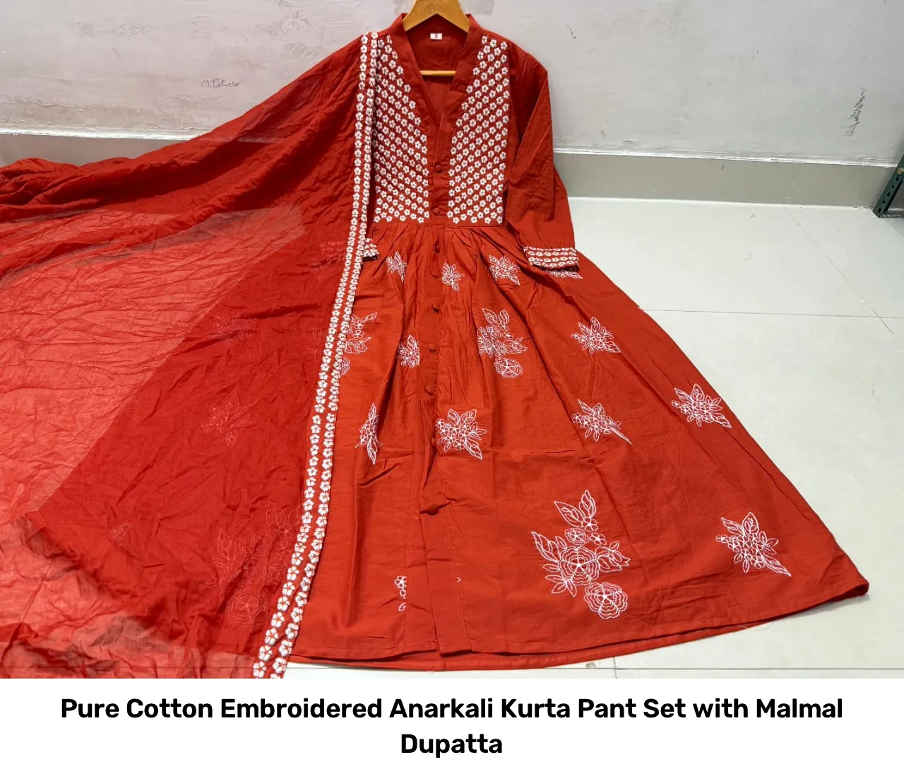 Pure Cotton Embroidered Anarkali Kurta Pant Set with Malmal Dupatta 5
