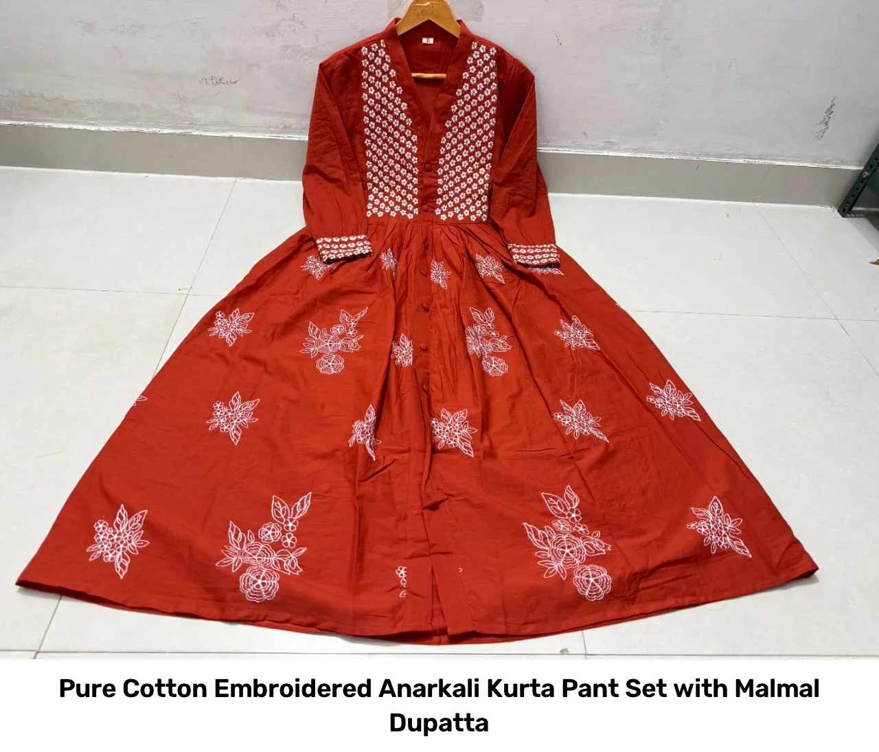 Pure Cotton Embroidered Anarkali Kurta Pant Set with Malmal Dupatta 6