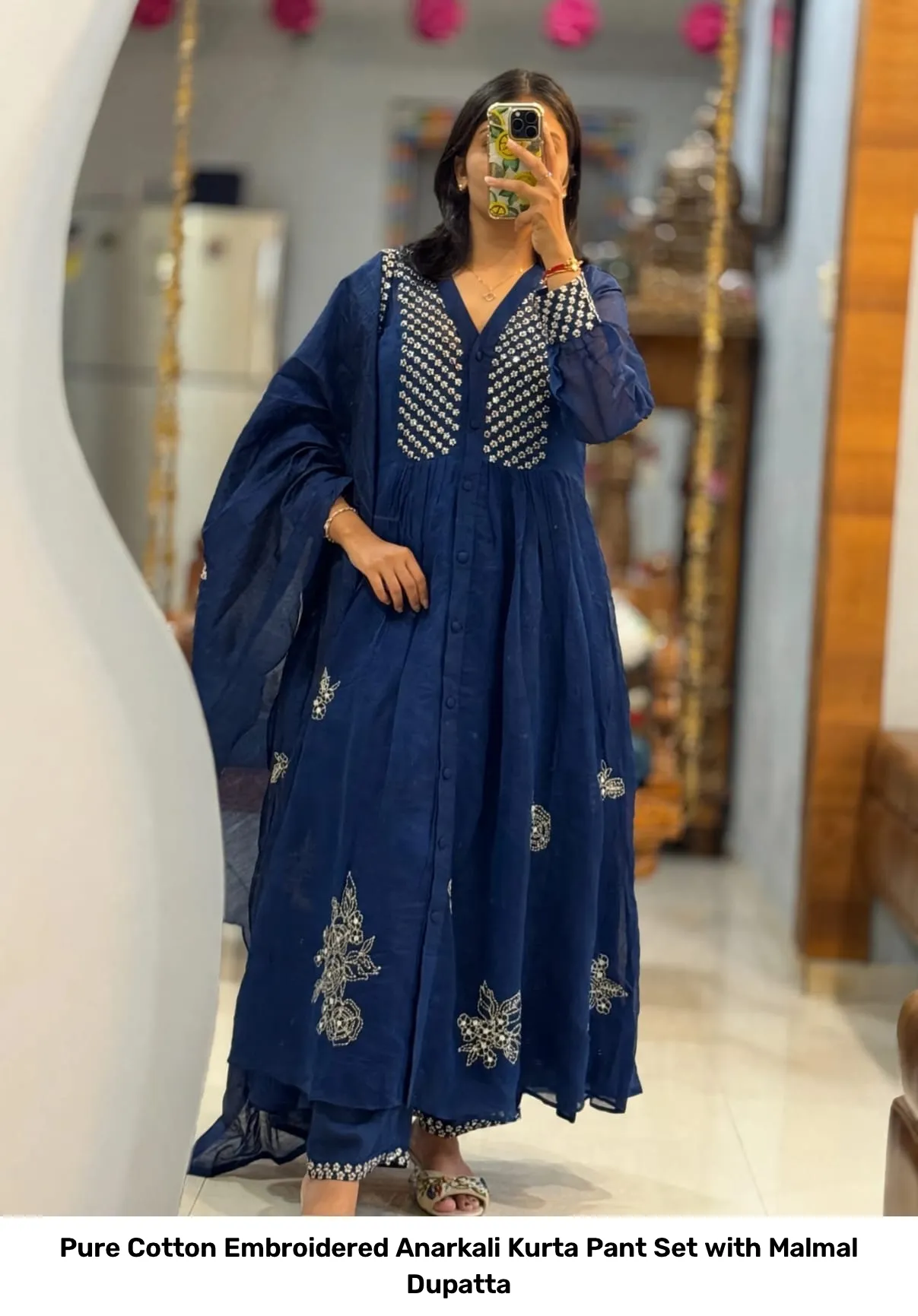 Pure Cotton Embroidered Anarkali Kurta Pant Set with Malmal Dupatta 7
