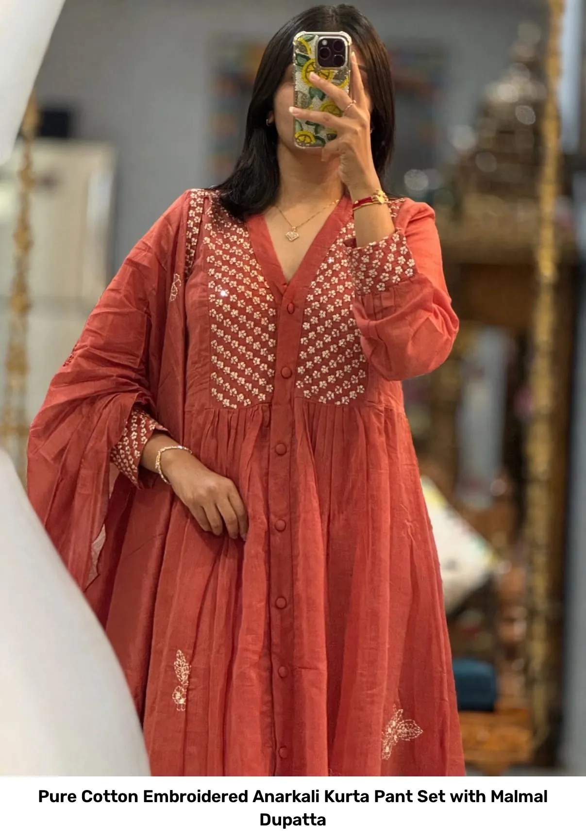 Pure Cotton Embroidered Anarkali Kurta Pant Set with Malmal Dupatta 8