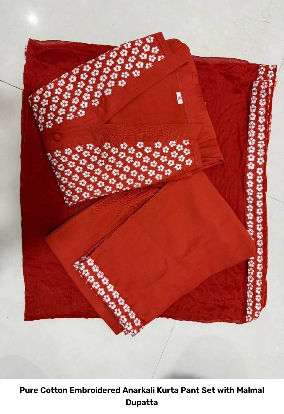 Pure Cotton Embroidered Anarkali Kurta Pant Set with Malmal Dupatta 9