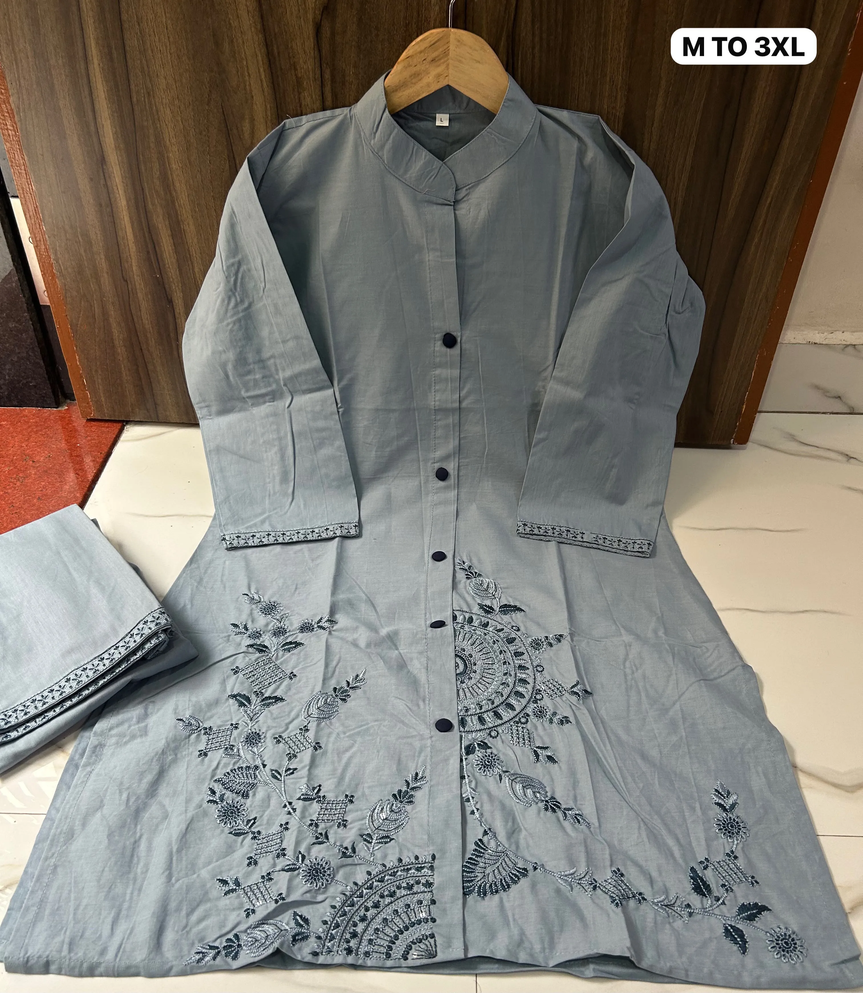 Pure Cotton Embroidered Co Ord Set for Women – Mandarin Collar Tunic Top with Straight Pant (M to 3XL)