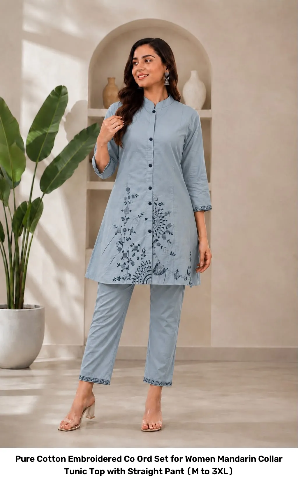 Pure Cotton Embroidered Co Ord Set for Women – Mandarin Collar Tunic Top with Straight Pant (M to 3XL) 2