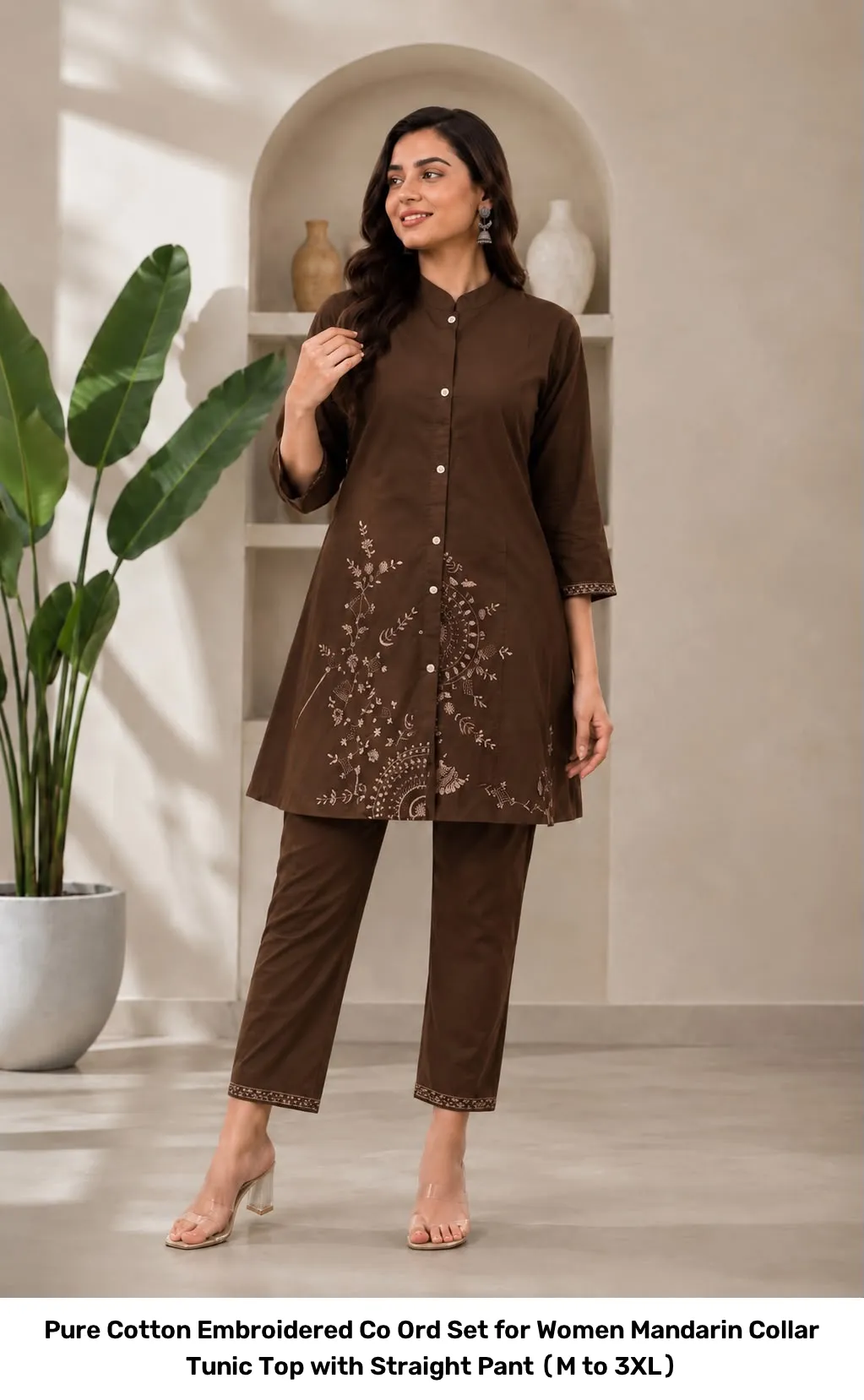 Pure Cotton Embroidered Co Ord Set for Women – Mandarin Collar Tunic Top with Straight Pant (M to 3XL) 3