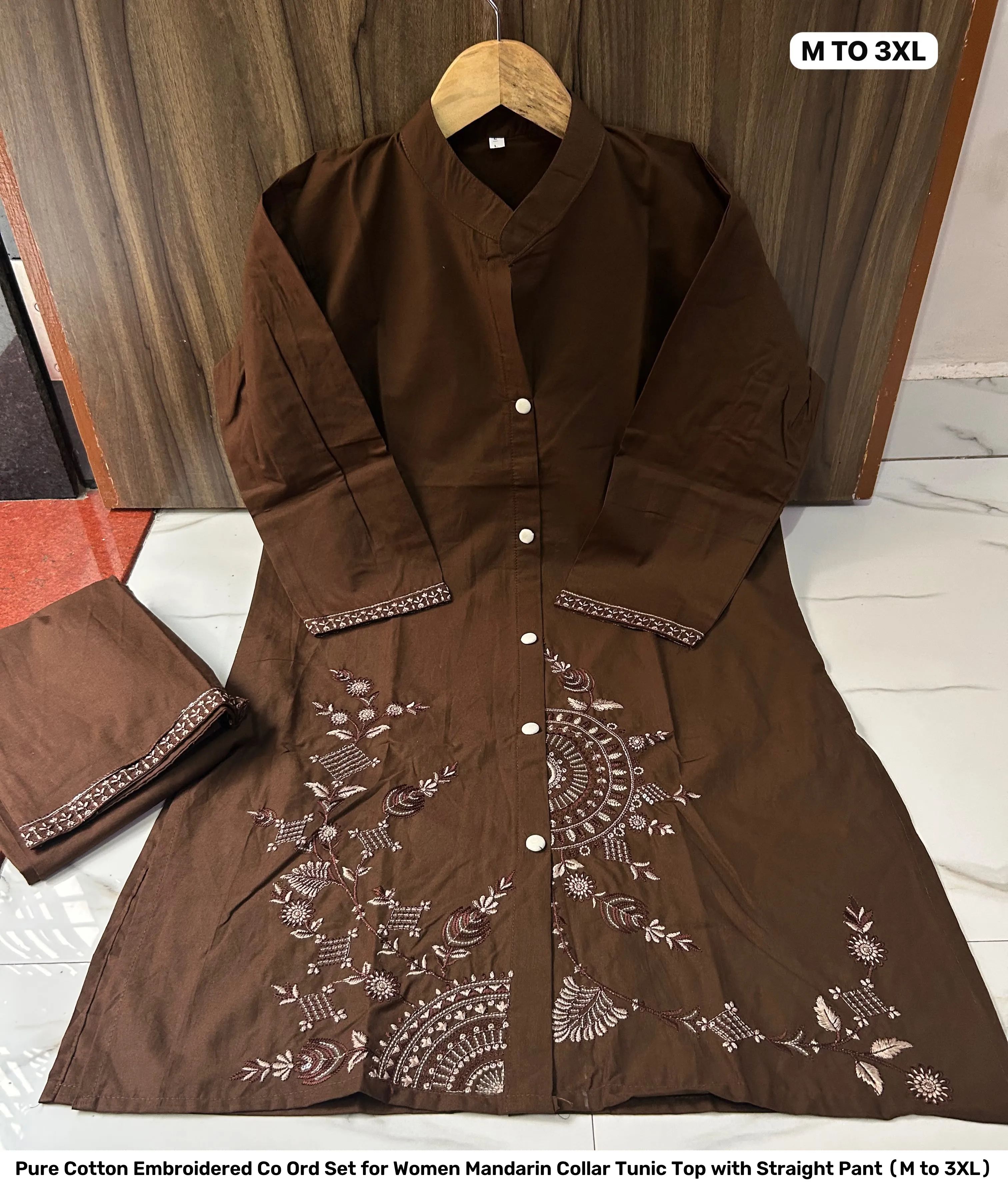 Pure Cotton Embroidered Co Ord Set for Women – Mandarin Collar Tunic Top with Straight Pant (M to 3XL) 4