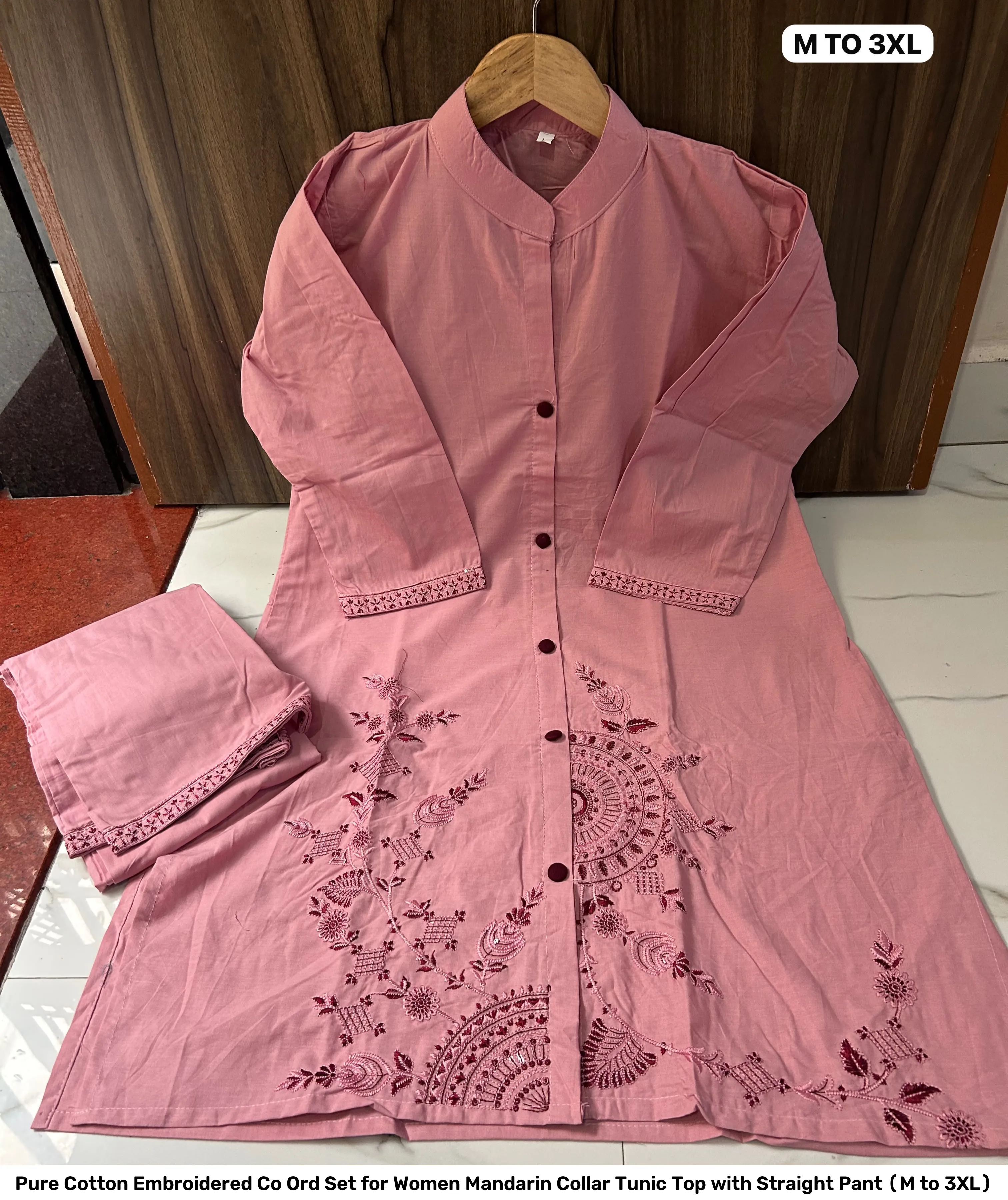 Pure Cotton Embroidered Co Ord Set for Women – Mandarin Collar Tunic Top with Straight Pant (M to 3XL) 5