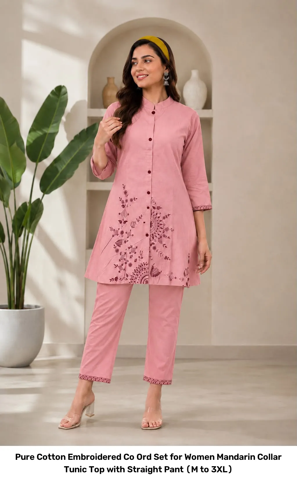 Pure Cotton Embroidered Co Ord Set for Women – Mandarin Collar Tunic Top with Straight Pant (M to 3XL) 6
