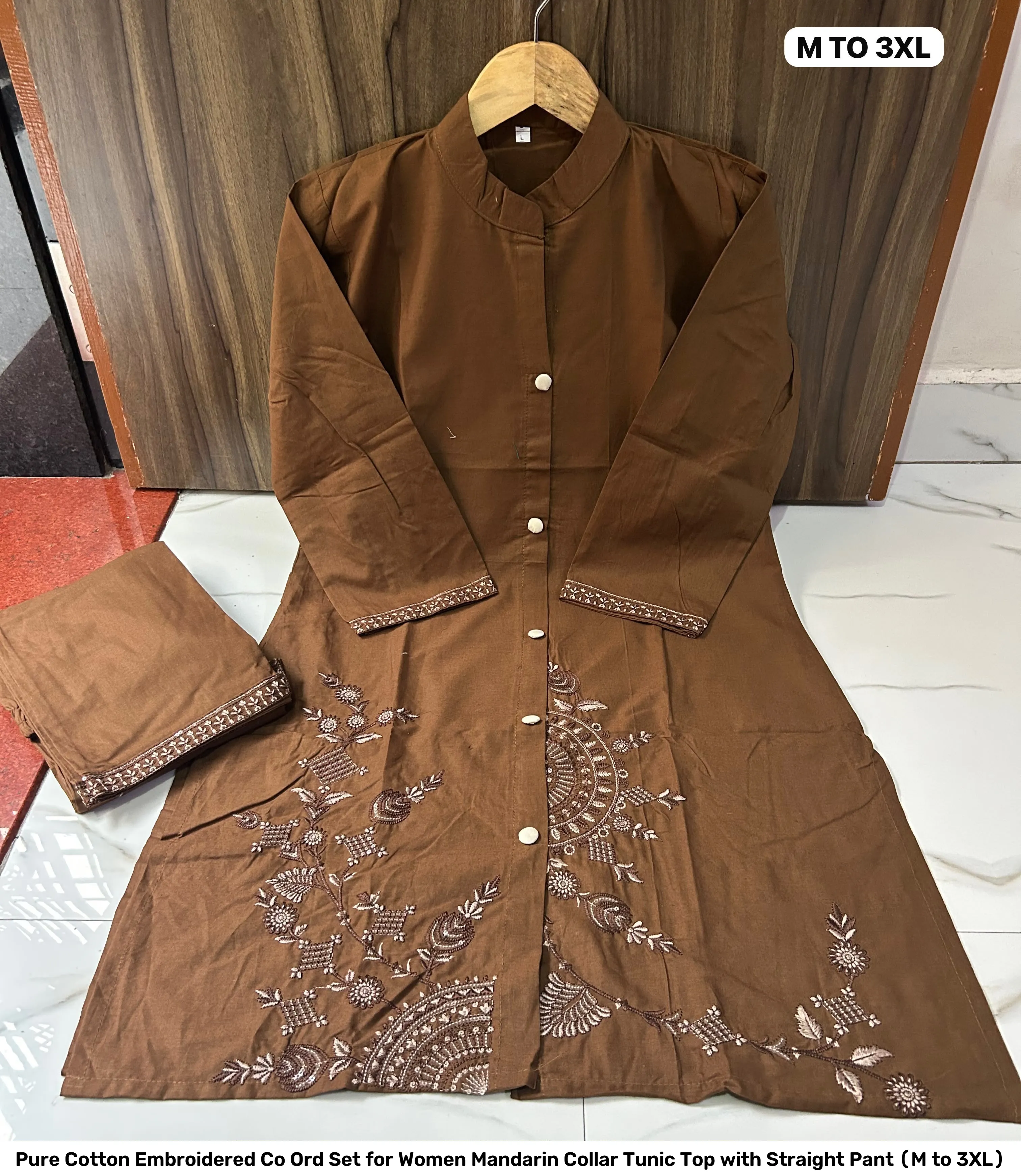 Pure Cotton Embroidered Co Ord Set for Women – Mandarin Collar Tunic Top with Straight Pant (M to 3XL) 7