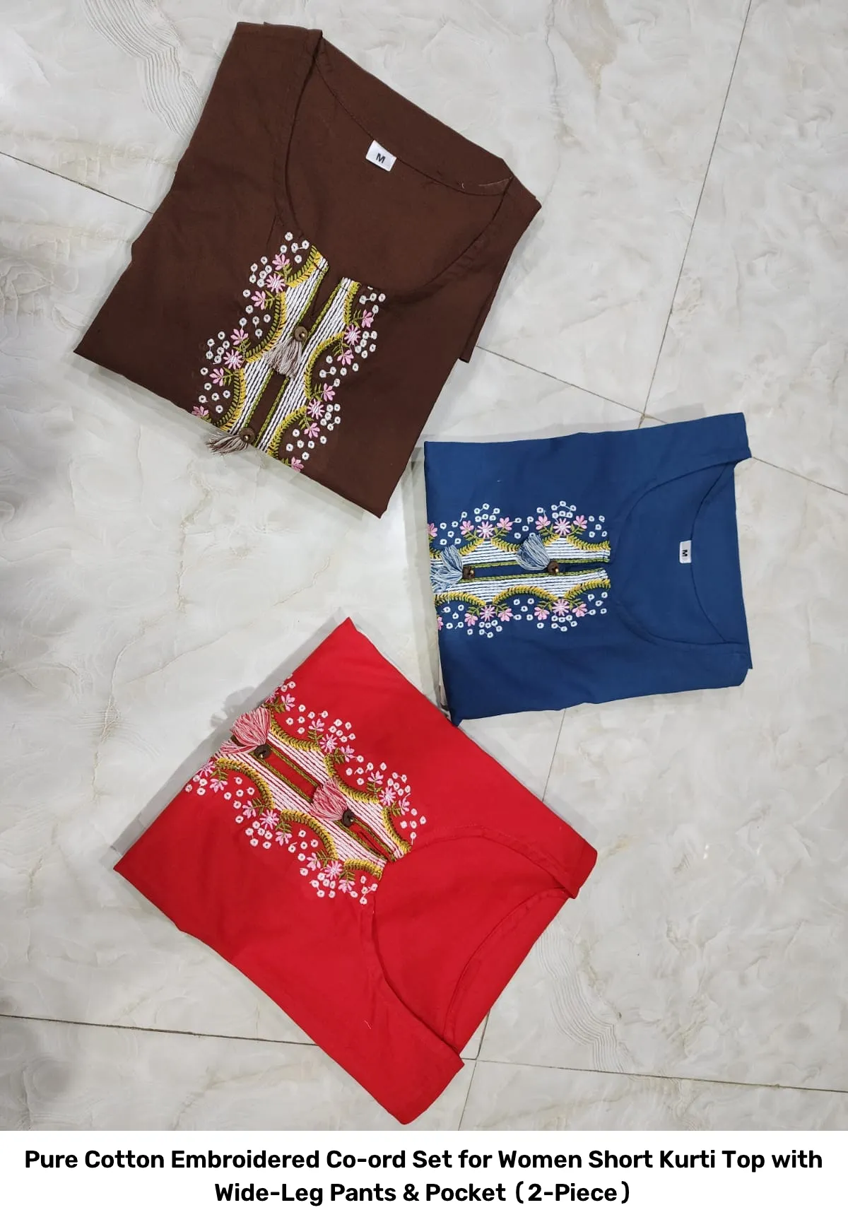 Pure Cotton Embroidered Co-ord Set for Women – Short Kurti Top with Wide-Leg Pants & Pocket (2-Piece) 10