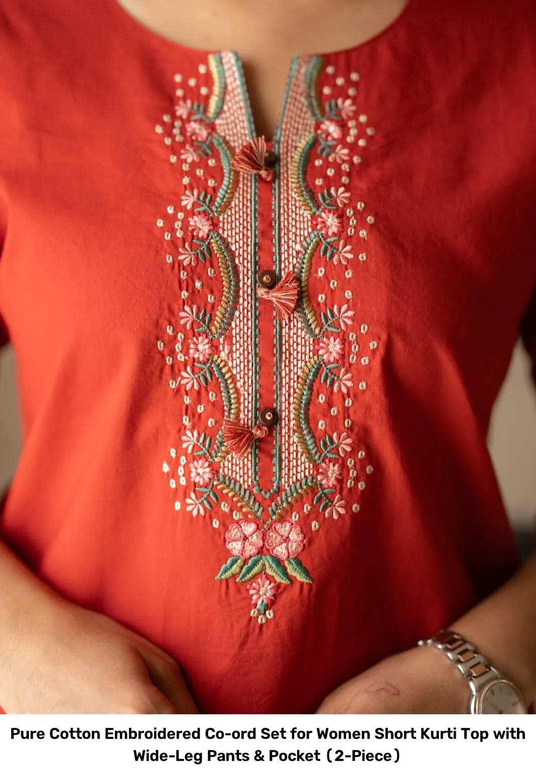 Pure Cotton Embroidered Co-ord Set for Women – Short Kurti Top with Wide-Leg Pants & Pocket (2-Piece) 11