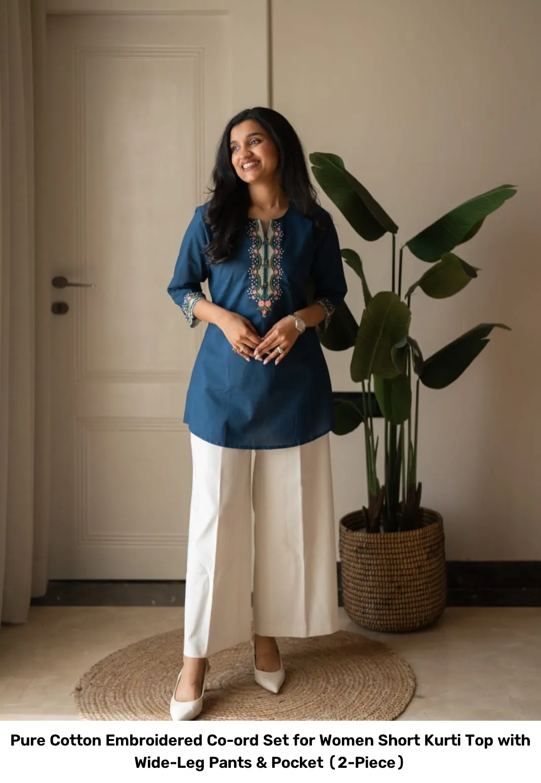 Pure Cotton Embroidered Co-ord Set for Women – Short Kurti Top with Wide-Leg Pants & Pocket (2-Piece) 12